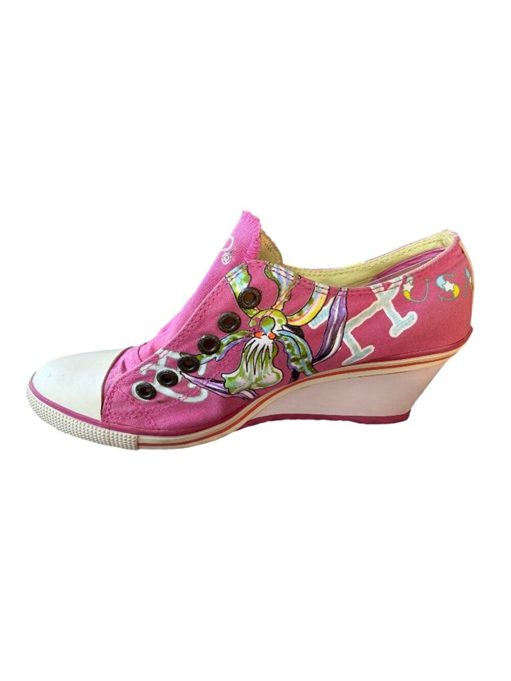 Ed Hardy Designs Wedge Casual Sneakers w/Pink Canvas Upper Women's Size 8 (READ)